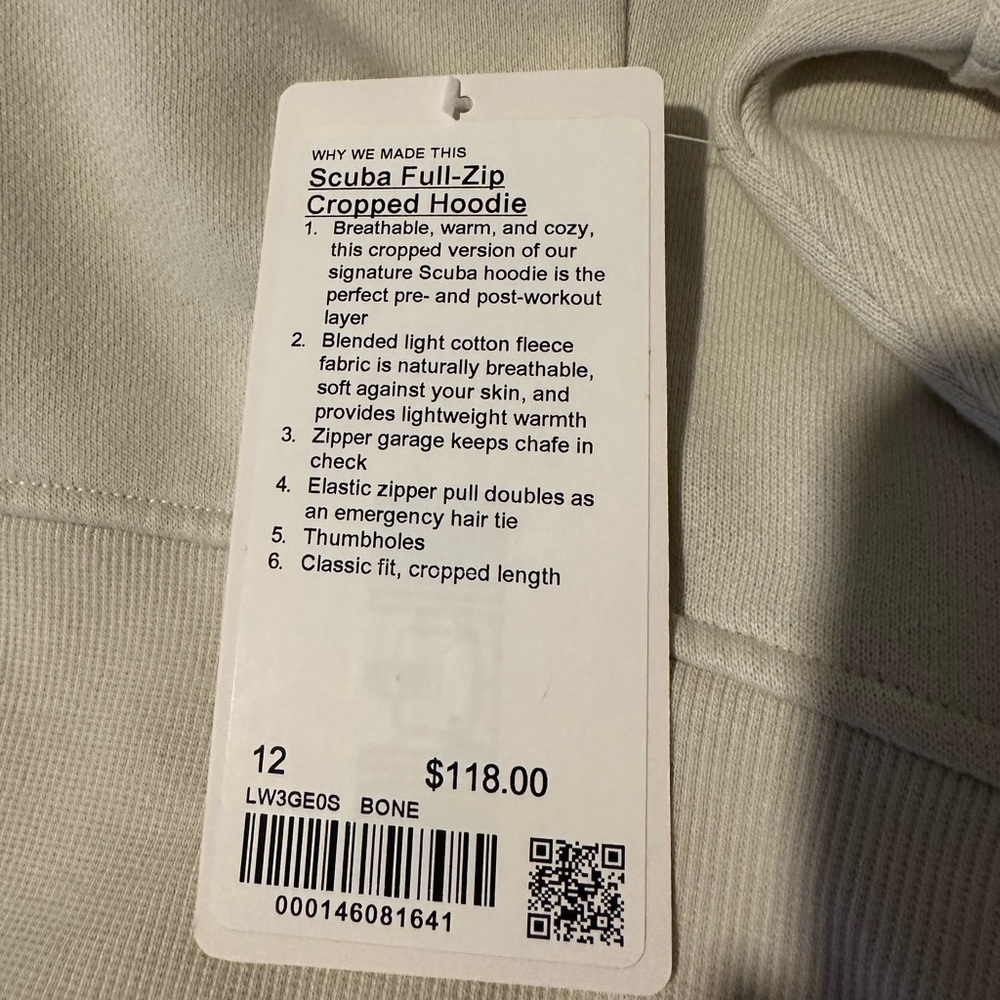 ❤️ LULULEMON SCUBA FULL ZIP CROPPED HOODIE (BONE) SZ 12 NWT ❤️ - Picture 4 of 5